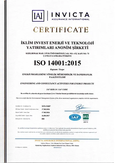 İklim Energy ISO 14001:2015 Environmental Management System certificate