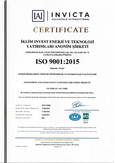 İklim Energy ISO 9001:2015 Quality Management System certificate