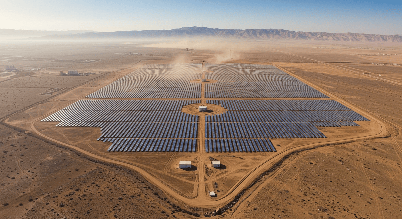 Geniş bir düzlükte kurulu büyük ölçekli güneş enerjisi santralinin havadan görünümü