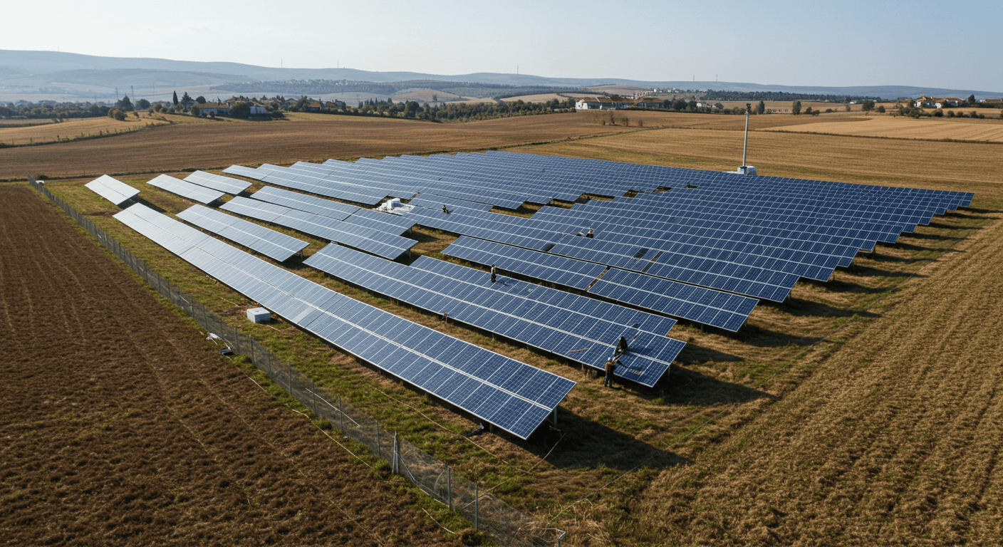 Tarım arazisine kurulmuş güneş enerjisi santralinin havadan görünümü
