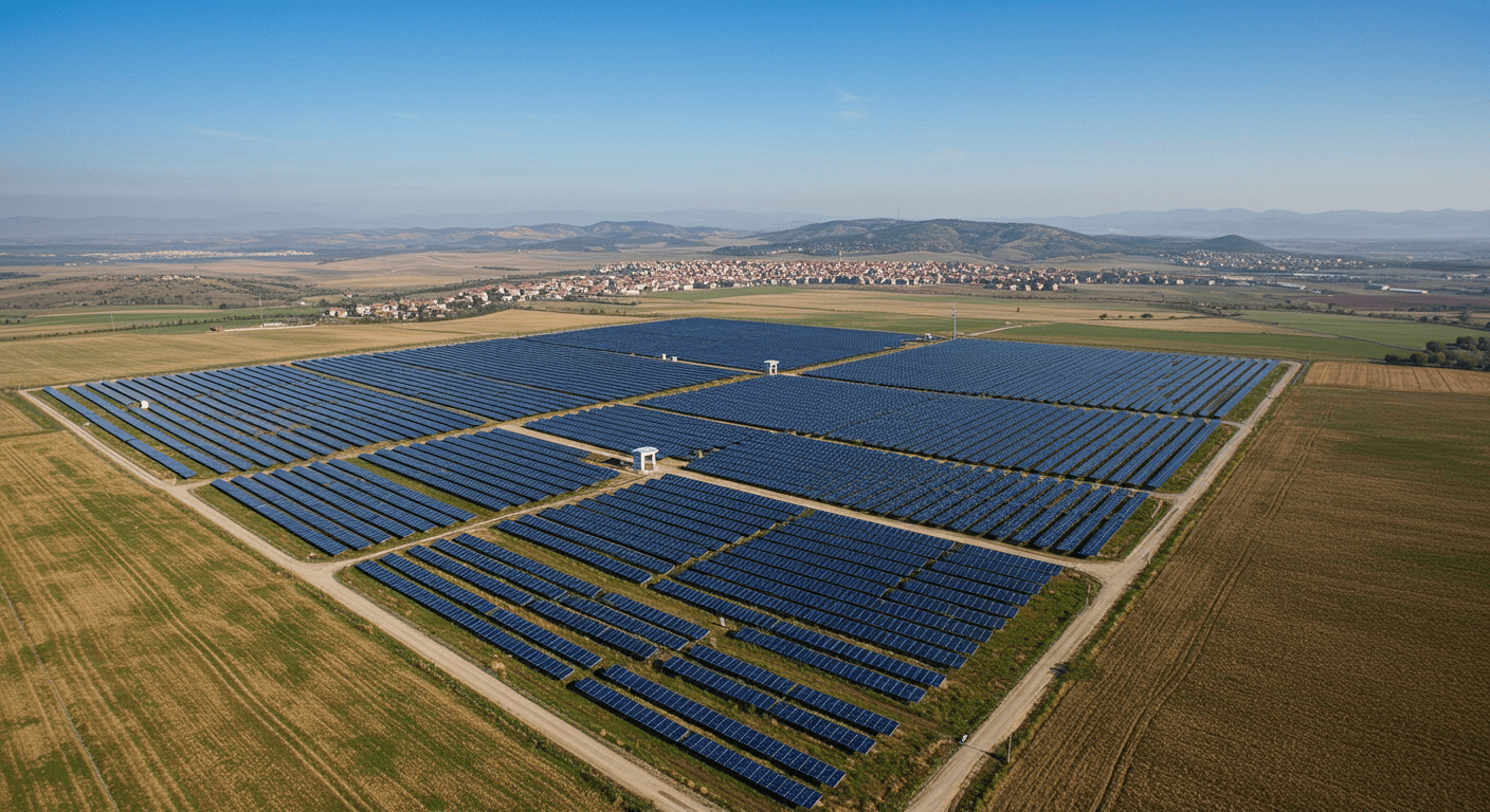 Tarım arazileri arasında kurulu güneş enerjisi santralinin havadan görünümü