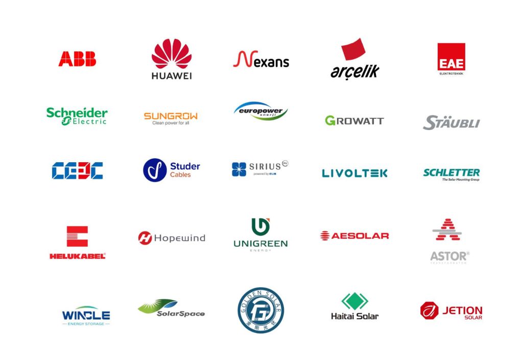 İklim Enerji global partner logoları: ABB, Huawei, Nexans, Arçelik, Schneider Electric, Sungrow, Growatt, Stäubli, Helukabel, Schletter ve diğerleri